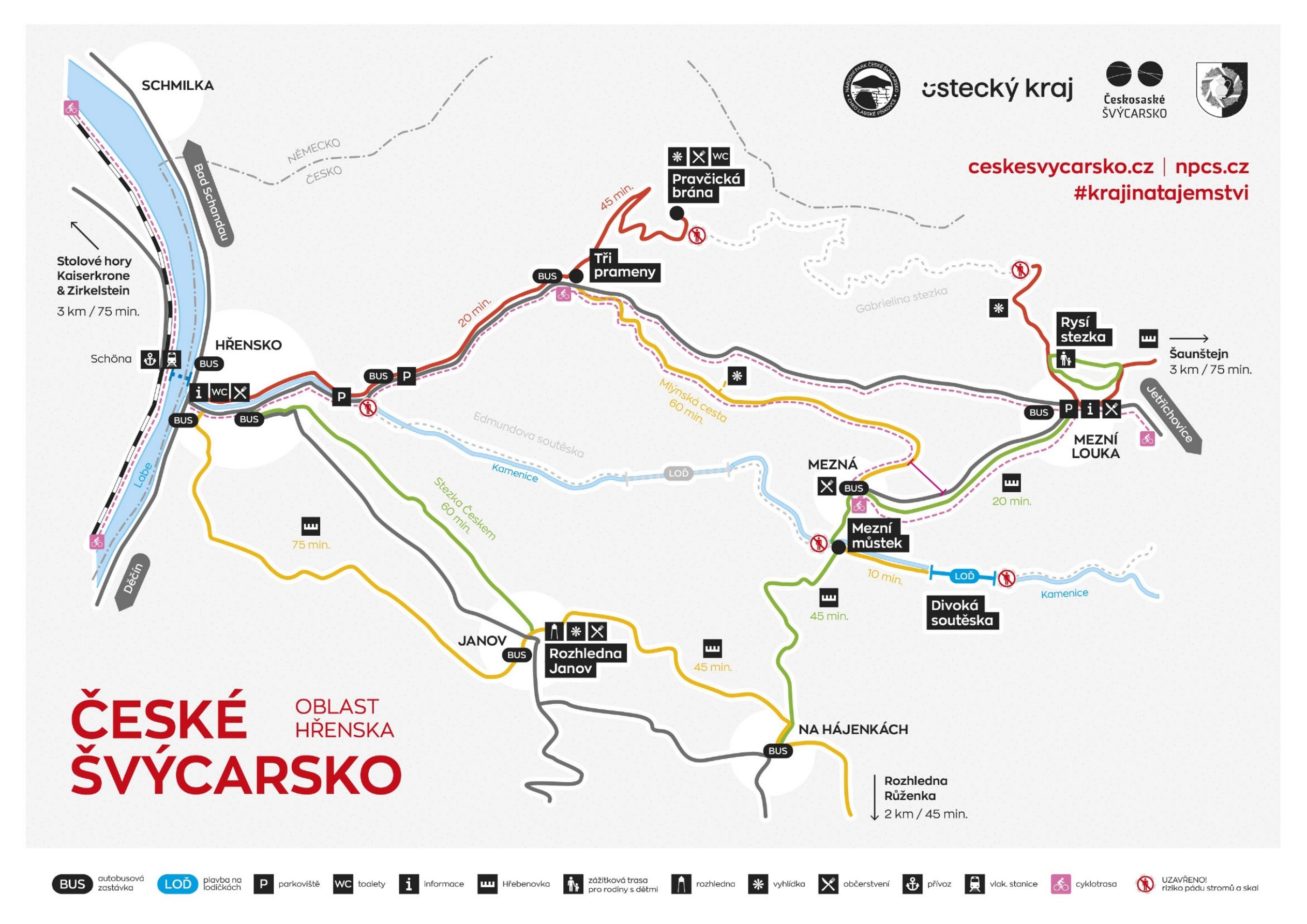 Trail map of the Hřensko area, Pravčická Gate and Kamenice gorges